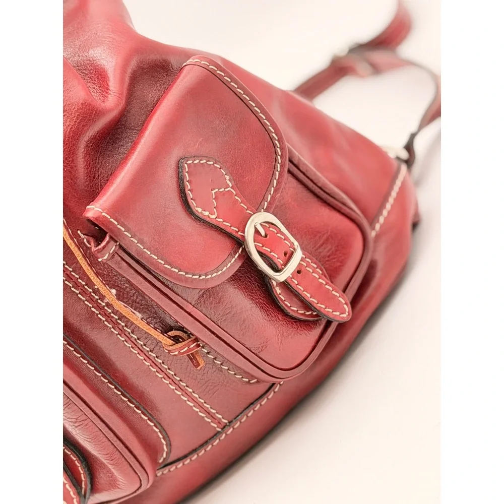 Vintage Red Leather Rucksack Backpack Contrast Stitch Buckle Drawstring Medium